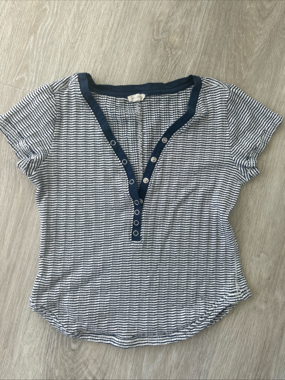 Anthropologie Pilcro Women’s S Henley Short Sleeve Top Navy White Stripe Tee